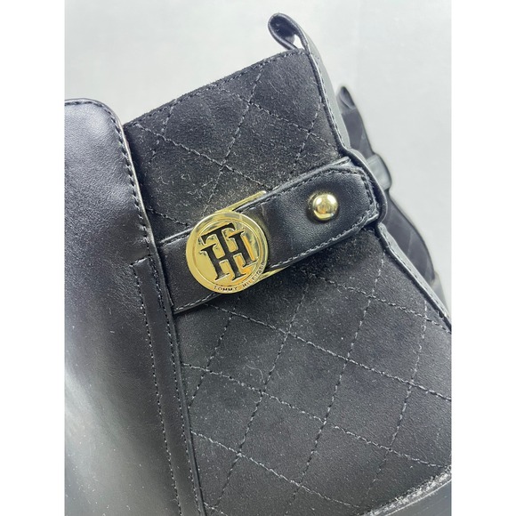 Tommy Hilfiger Black Leather‎ Ankle Boots Gold Accents Quilted Women's - Picture 9 of 14